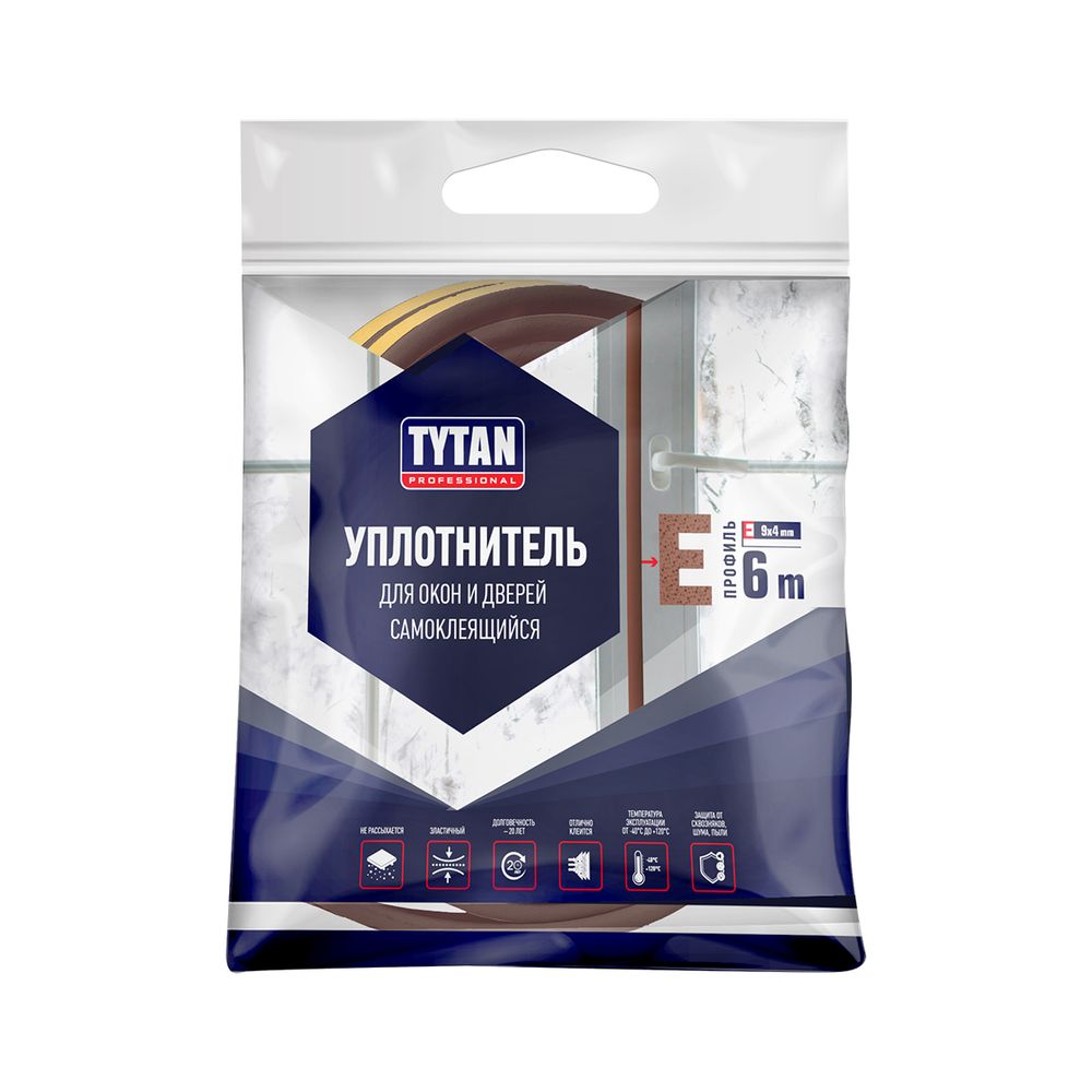 Уплотнитель для окон E-профиль Tytan Professional, 9 x 4 мм, 6 м, черный