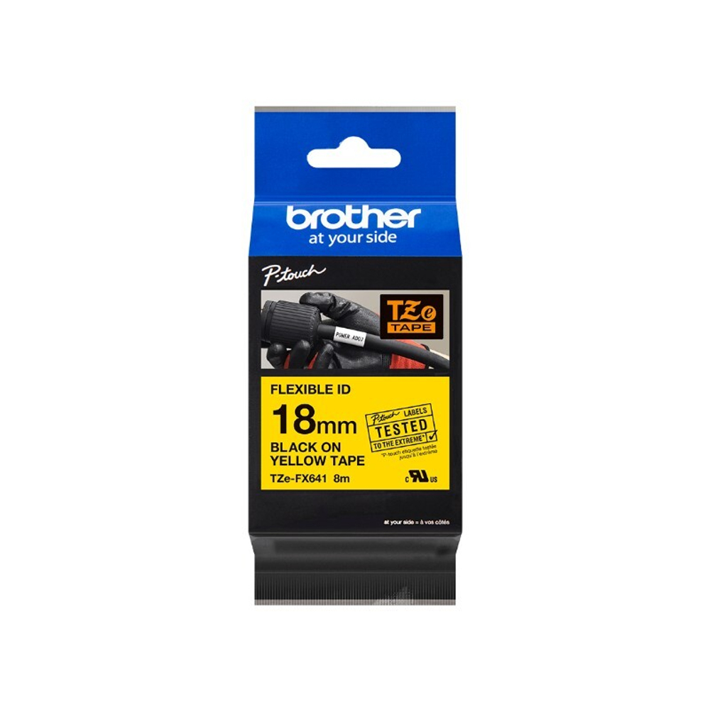 Brother TZE-FX641 кассета с лентой для печати наклеек (эластичная), чёрный шрифт на желтой основе, 18мм*8м