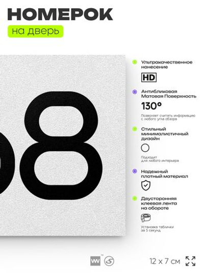 Номер на дверь 868, табличка на дверь для офиса, квартиры, кабинета, аудитории, склада, белая 120х70 мм, Айдентика Технолоджи