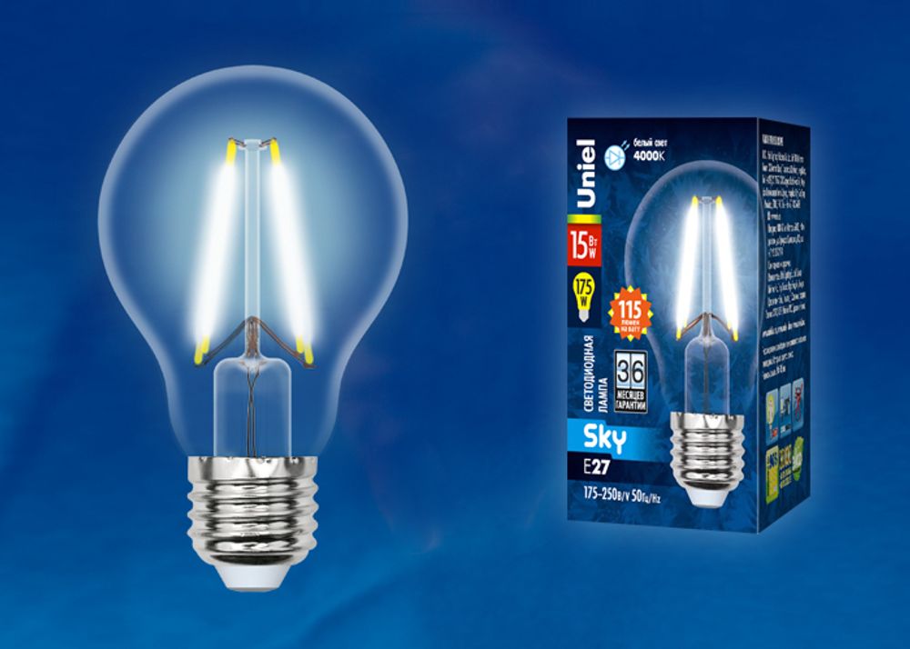 LED-A60-15W/4000K/E27/CL PLS02WH Лампа светодиодная. Форма A, прозрачная. Серия Sky. Белый свет (4000K). Картон. ТМ Uniel.