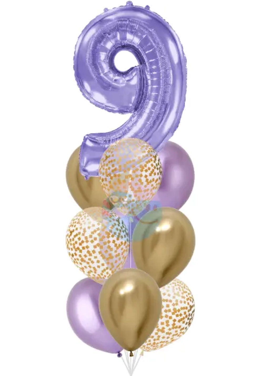 Фонтан c сиреневой цифрой «9» из 10 воздушных шаров с гелием