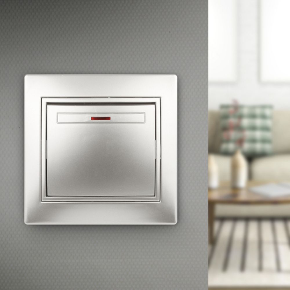 Выключатель Intro Plano 1-102-03 одноклавишный с подсветкой, 10А-250В, IP20, СУ, алюминий