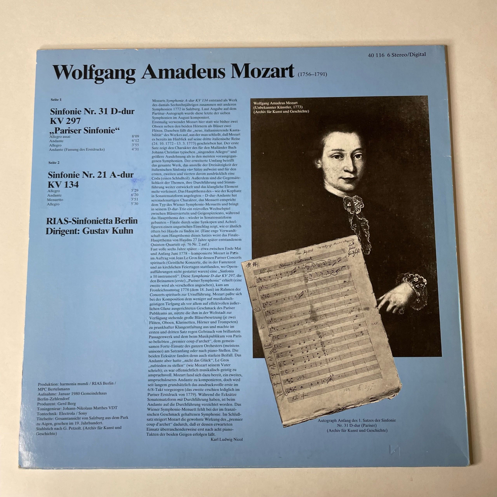 Винтажная виниловая пластинка LP W.A. Mozart Моцарт, RIAS-Sinfonietta Berlin, Gustav Kuhn, Симфония Sinfonie Nr. 21 / Sinfonie Nr. 31 Pariser (Германия 1983)
