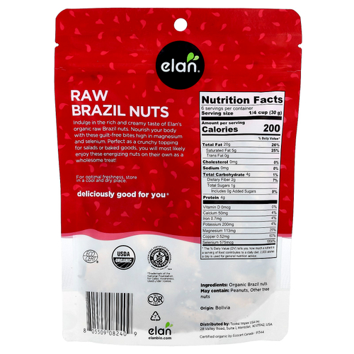 Elan, Органические бразильские орехи, необработанные, 185 г (6,5 унции)