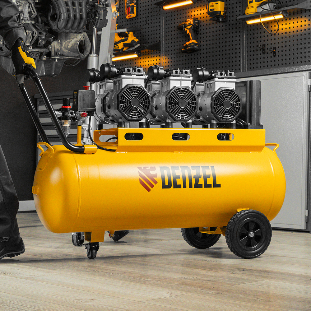 Компрессор безмасляный, малошумный DLS 3300/100, 3300 Вт,3x1100, 100 л, 570 л/мин ,блок управления Denzel