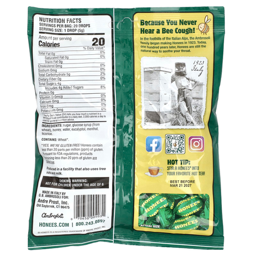 Honees, успокаивающие леденцы для горла, с мёдом, ментолом и эвкалиптом, 20 шт., 100 г (3,5 унции)