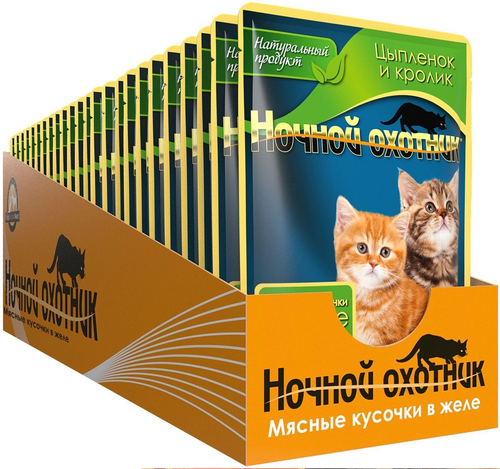 Влажный корм Ночной охотник  для котят, цыпленок кролик в желе, 24 шт x 100 г