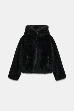 ZARA УТЕПЛЕННЫЙ БОМБЕР ИЗ ИСКУССТВЕННОГО МЕХА С КАПЮШОНОМ, ЧЕРНЫЙ