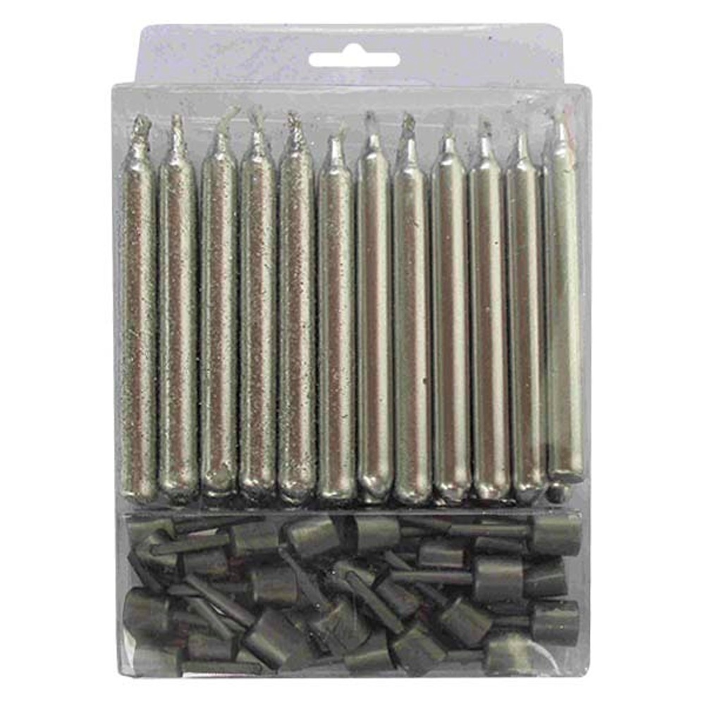 Свечи Серебряные с блестками с держателями 24шт 6см