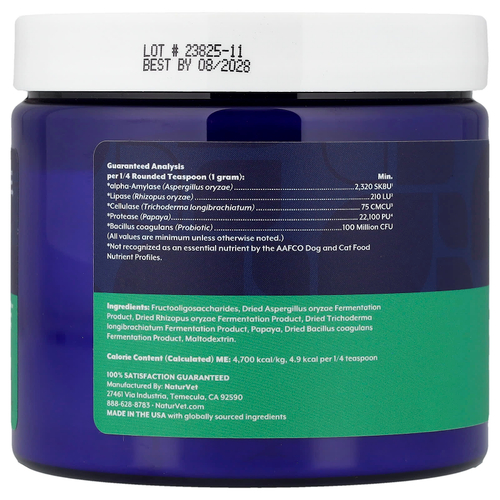 NaturVet, пищеварительные ферменты с пребиотиками и пробиотиками, для собак и кошек, 228 г (8 унций)