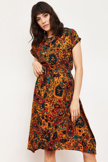 Qadın üçün xardal rəng Qısa Qollu Etnik Naxışlı Elastik Bel Midi Don 10041008