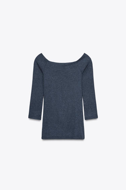 ZARA ФУТБОЛКА С ВЫРЕЗОМ «ЛОДОЧКА», СИНИЙ