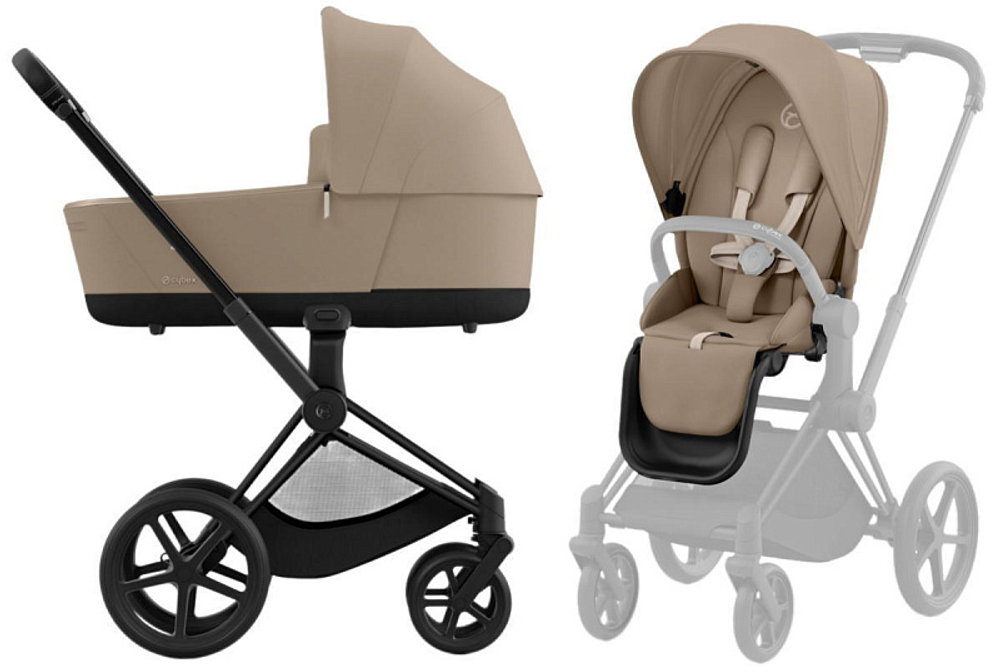 Коляска 3 в 1 Cybex Priam IV Matt Black complete и автокресло Cloud T i-Size Platinum White Plus Cozy Beige