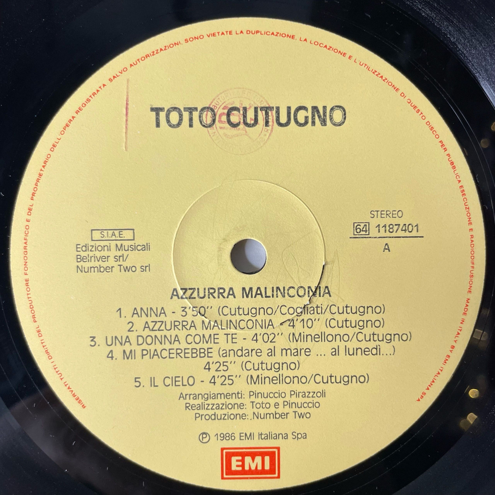 Винтажная виниловая пластинка LP Тото Кутоньо Toto Cutugno Azzurra Malinconia (Италия 1986)
