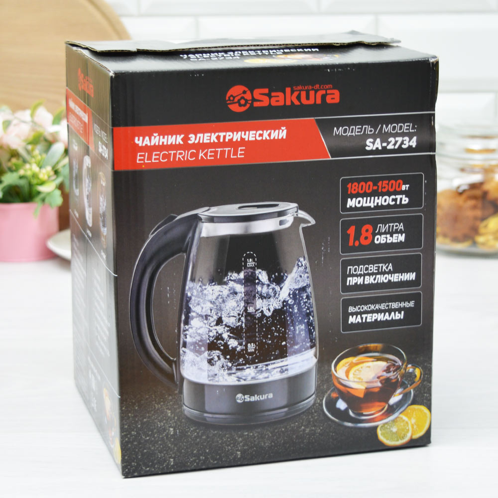 Чайник электрический 1,8л Sakura SA-2734C, стеклянный с точечной подсветкой