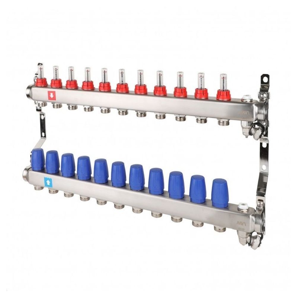 Блок коллекторный MVI из нержавеющей стали DN 25-11 выходов G 3/4, с расходомерами, с дренажным краном и воздухоотводчиком, евроконус, MS.711.06