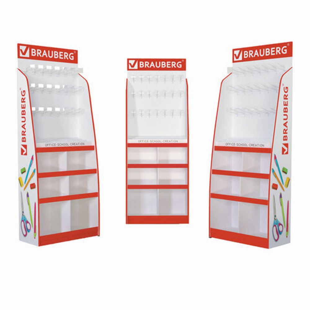 Стойка для размещения товара напольная усиленная BRAUBERG, 210х78х40 см, 4 полки, 30 ячеек, 21 крючок, 504341