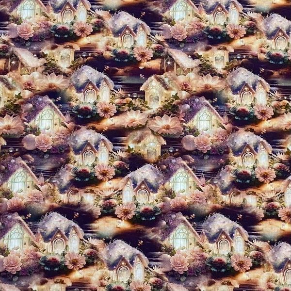 МАЛЕНЬКИЕ ДОМИКИ НА ФИОЛЕТОВОМ, ФЭНТЕЗИ,  100% хлопок Handmade Fabrics 1