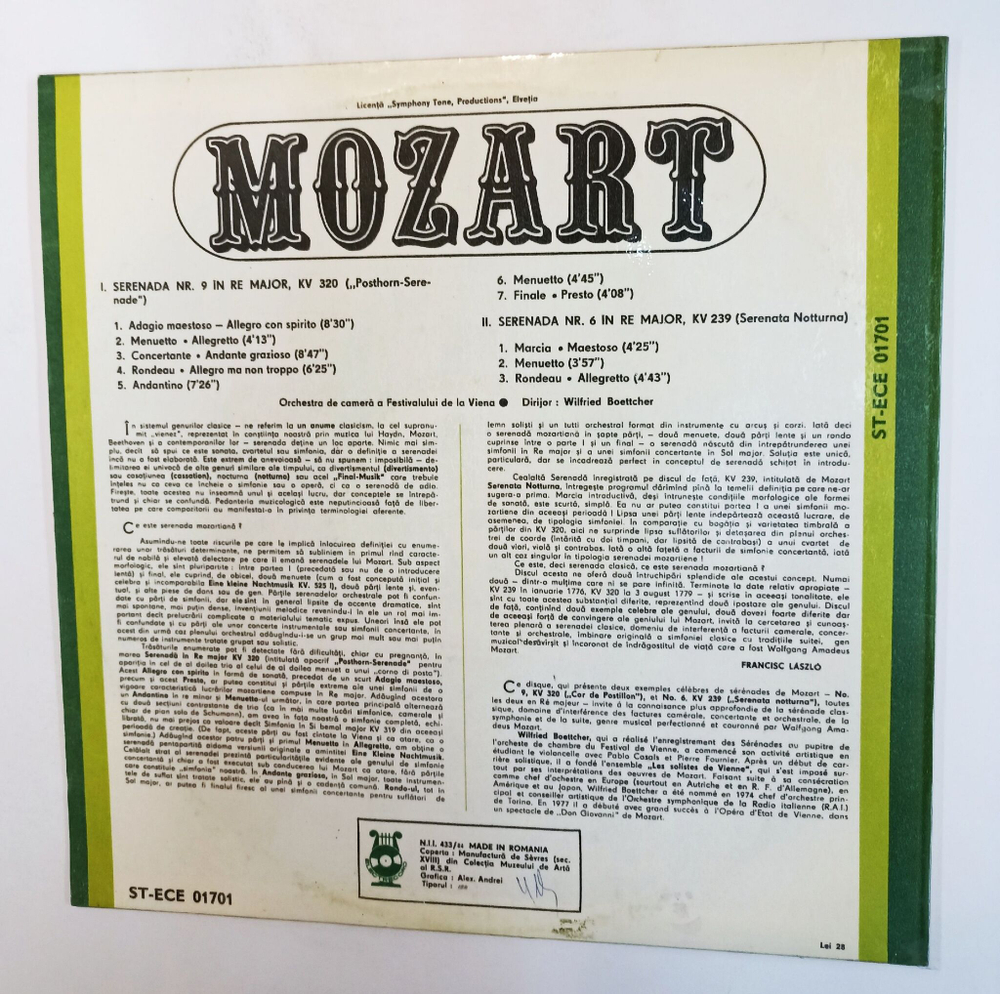Винтажная виниловая пластинка LP Mozart Моцарт Orchestra De Camera A Festivalului De La Viena Dirijor Wilfried Boettcher Serenada Nr. 9 In Re Major Serenada Nr. 6 In Re Major (Румыния 1980)