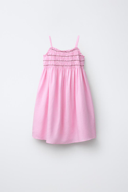 ZARA ПЛАТЬЕ ИЗ ЛЬНА С ЖАТКОЙ, РОЗОВЫЙ