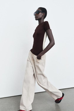 ZARA КОМБИНИРОВАННАЯ ФУТБОЛКА С КОРОТКИМИ РУКАВАМИ, БЕЖЕВО-КОРИЧНЕВЫЙ