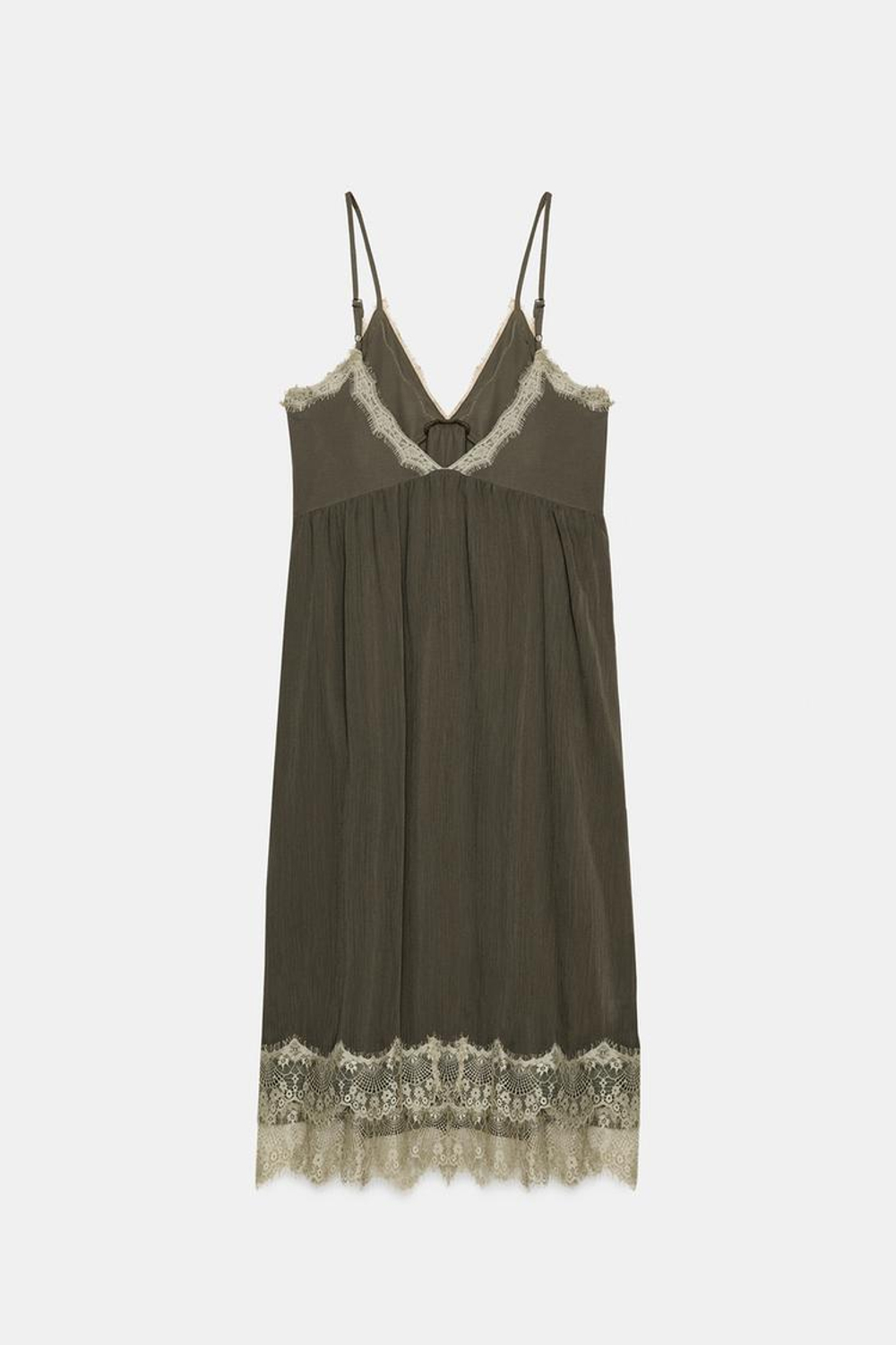 ZARA ПЛАТЬЕ В БЕЛЬЕВОМ СТИЛЕ С КРУЖЕВОМ, ЭКРЮ/ХАКИ