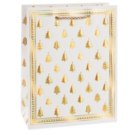 Пакет подарочный, Елочный декор, Дизайн №2, Белый/Золото, Металлик, 32*26*10 см.