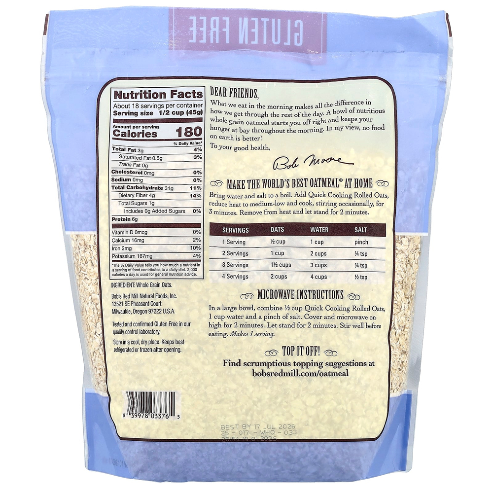 Bob's Red Mill, цельнозерновые овсяные хлопья быстрого приготовления, без глютена, 794 г (28 унций)