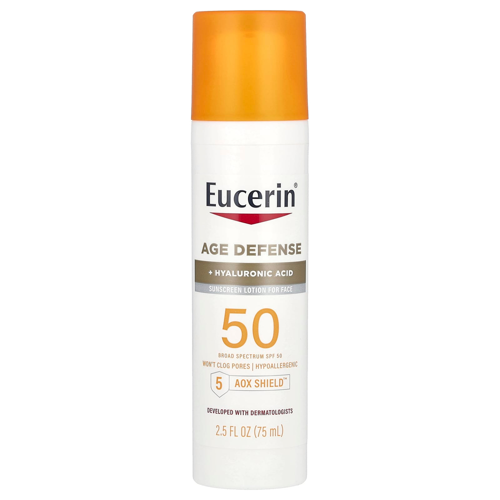Eucerin, Age Defense, легкий солнцезащитный лосьон для лица, SPF 50, без отдушек, 75 мл (2,5 жидк. унц.)