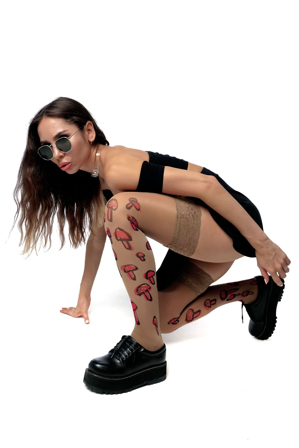 Чулки с принтом в виде грибов (Размер: S-M-L) (Цвет: бежевый)