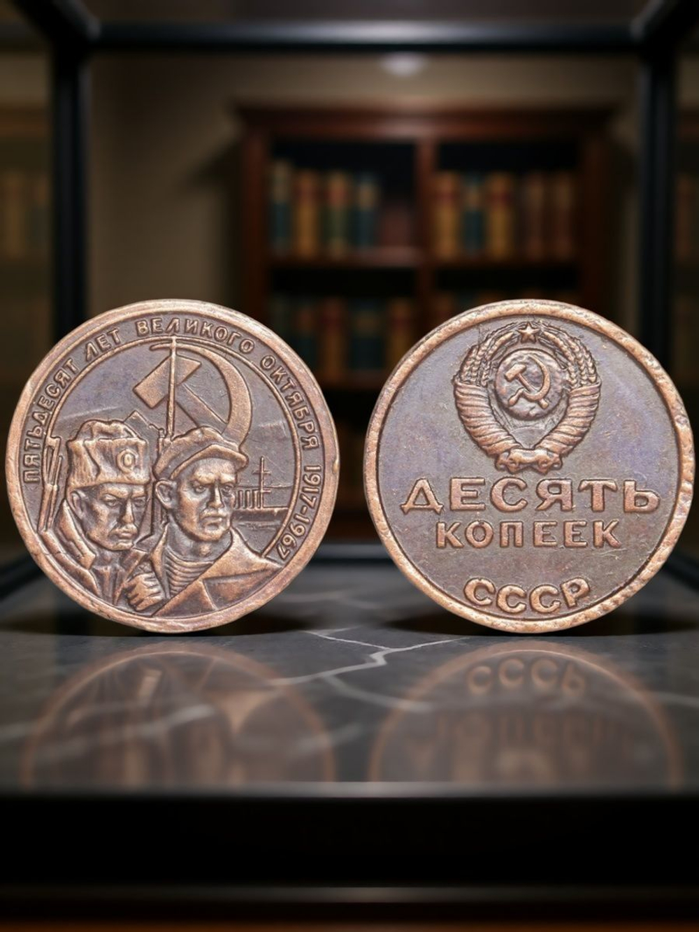 10 копеек 1967 года СССР Революционеры 50 лет Октября 1917-1967 Копия пробной монеты медь патина