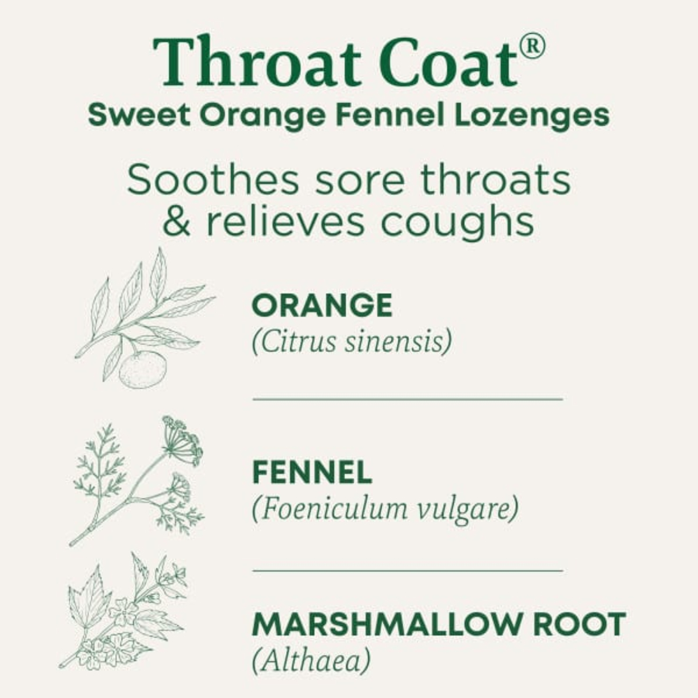 Traditional Medicinals, Organic Throat Coat®, сладкий апельсин и фенхель, 16 леденцов от кашля с ментолом