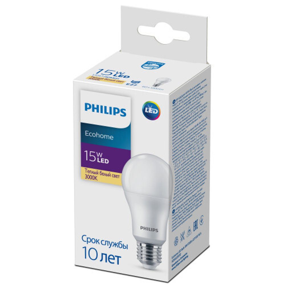 Лампочка светодиодная Philips Ecohome LED A65 15Вт 3000К Е27/E27 груша матовая, теплый белый свет | Philips