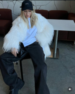 Шуба из эко-меха страуса молочная