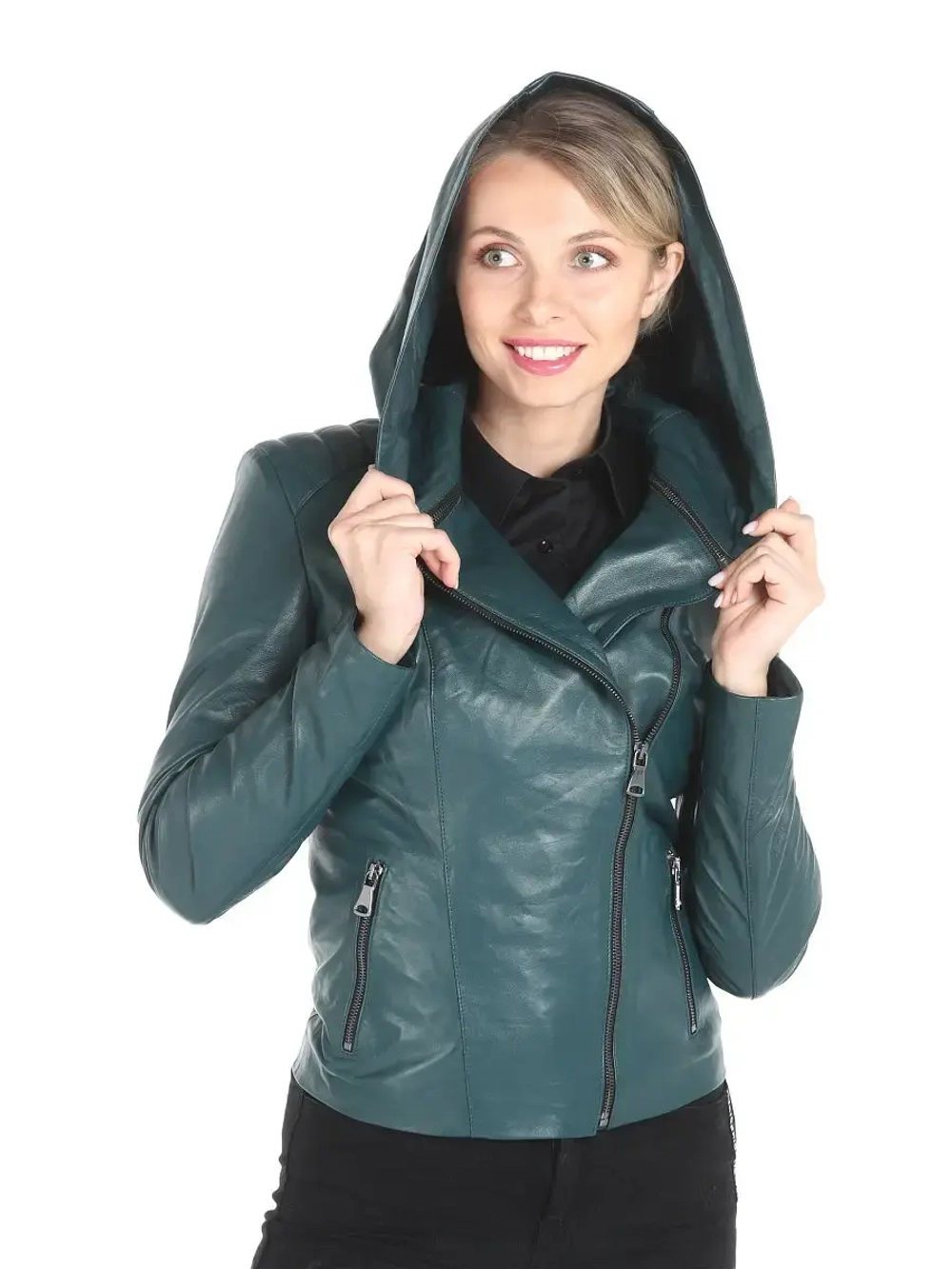 Куртка женская из натуральной кожи с капюшоном трансформер