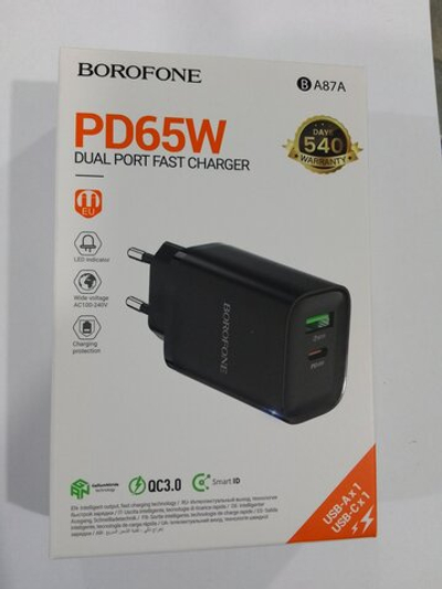 Сетевое зарядное устройство 1 USB, 1 Type-C Borofone BA87A Flare, пластик, PD65Вт, QC3.0, цвет: чёрный
