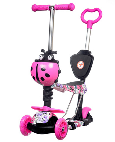 Самокат детский трехколесный + беговел Игрокат Букашка Принт Сакура со светящимися колесами и родительской ручкой