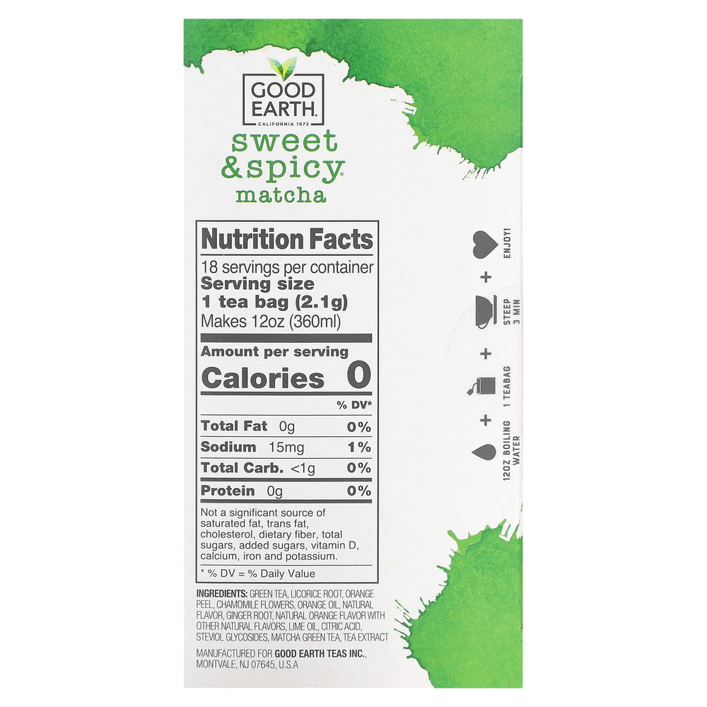 Good Earth Teas, зеленый чай матча, сладкий и пряный, 18 чайных пакетиков, 38,8 г (1,37 унции)