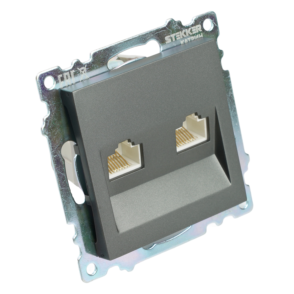 Розетка компьютерная 2-местная RJ-45 (механизм) STEKKER GLS00-7109-06 , серия Катрин, графит 50008