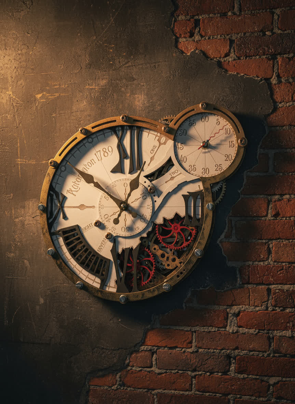 Настенные часы WOODandROOT Automaton 1789 Gloster с открытым механизмом и латунным ободом в индустриальном интерьере