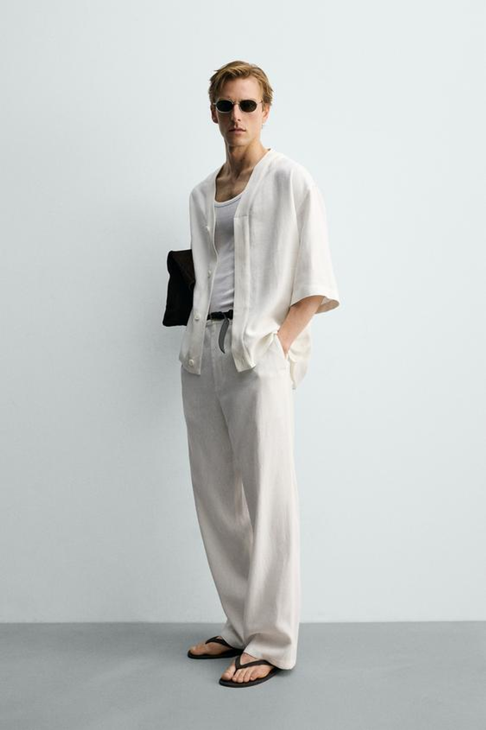 ZARA БРЮКИ RELAXED FIT ИЗ ВИСКОЗЫ И КОНОПЛИ, ЖЕЛТОВАТО-БЕЛЫЙ