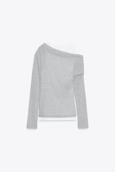 ZARA АСИММЕТРИЧНАЯ ФУТБОЛКА С ЭФФЕКТОМ ДВОЙНОГО СЛОЯ, СЕРЫЙ МЕЛАНЖ