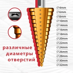 ТЕХНОИДЕАЛ Комплект ступенчатых конусных сверл для металла и дерева (6 предметов)/Набор ступенчатых фрезеровальных конусных сверл
