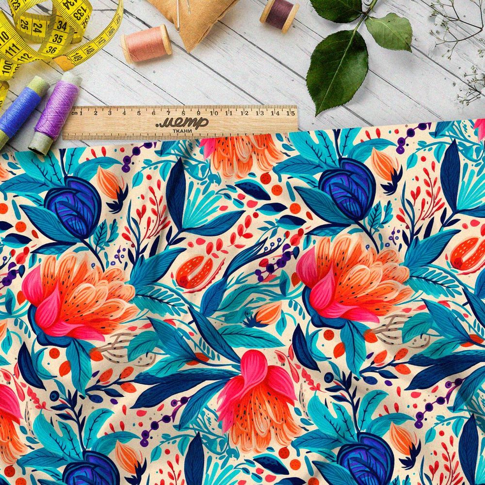 Ткань премиум шелк искусственный Армани цветочная иллюстрация