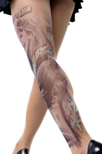 Колготки +size с имитацией тату в виде авто и девушки (Размер: XL-XXL-XXXL) (Цвет: бежевый)