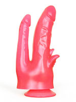 Розовый двойной фаллоимитатор с лепестками и присоской - 17 см. (Цвет: розовый)