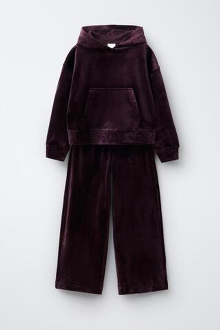 ZARA КОМПЛЕКТ ИЗ ХУДИ И БРЮК WIDE LEG ИЗ ВЕЛЮРА, СЛИВОВЫЙ