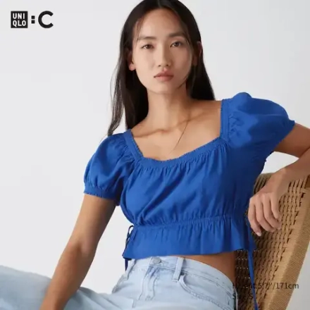 UNIQLO БЛУЗКА УКОРОЧЕННОГО ПОКРОЯ С КОРОТКИМИ РУКАВАМИ С ПРИСБОРКОЙ , СИНИЙ