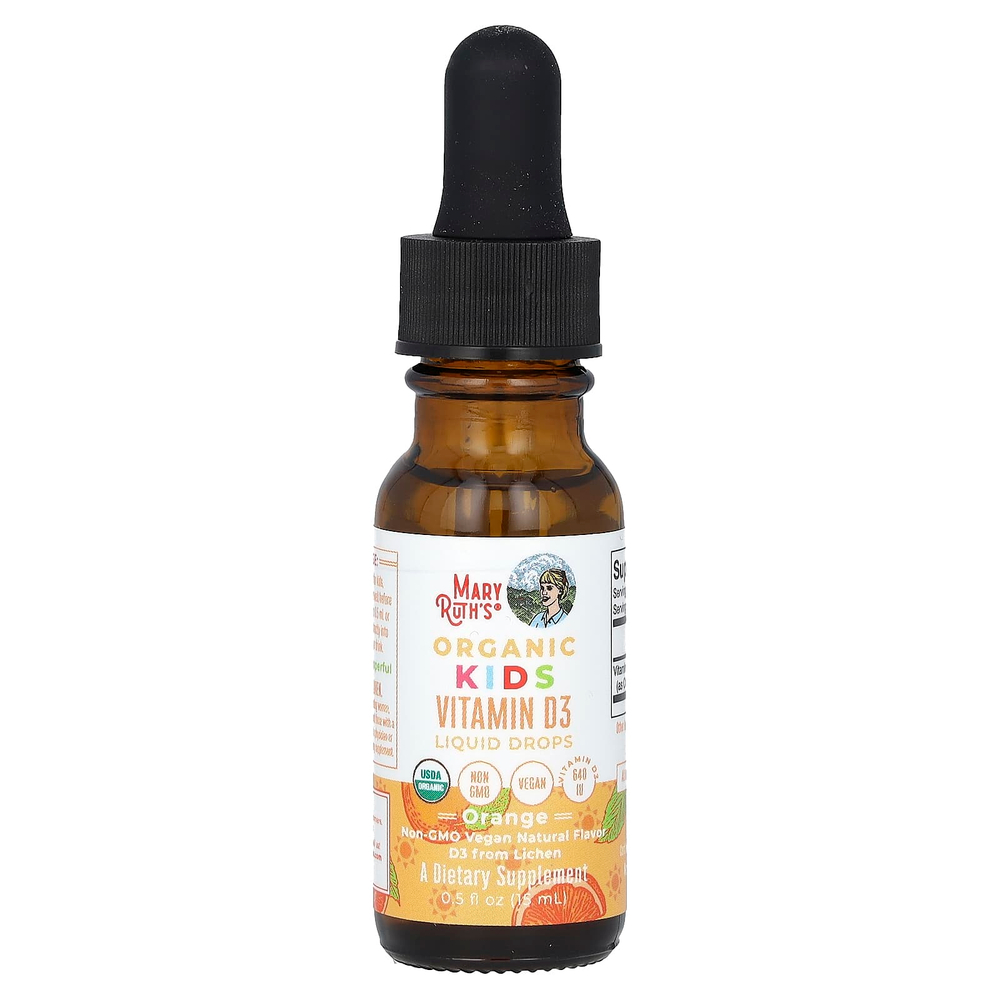 MaryRuth's, Organic Kids Vitamin D3, жидкие капли, для детей от 4 до 13 лет, со вкусом апельсина, 640 МЕ, 15 мл (0,5 жидк. Унции)