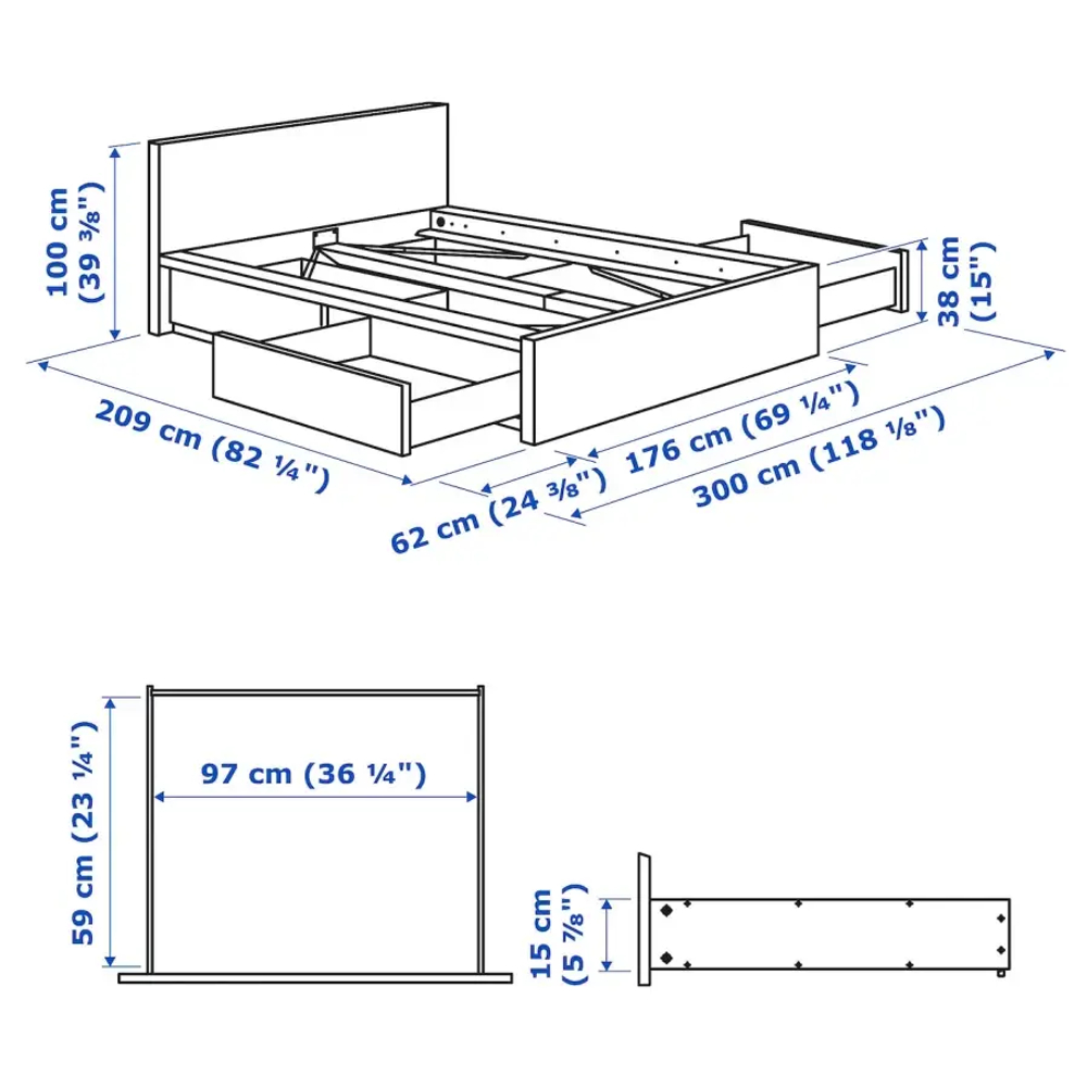 Каркас кровати с 4 ящиками - IKEA MALM/МАЛЬМ ИКЕА, 176x200 см, синий